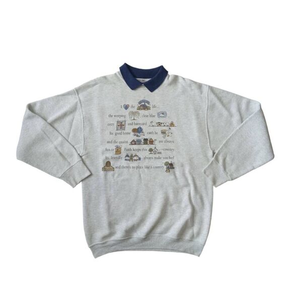Sport Gray Vintage Long Sleeve Collared Grandmacore Pullover Graphic Sweatshirt - Picture 1 of 12